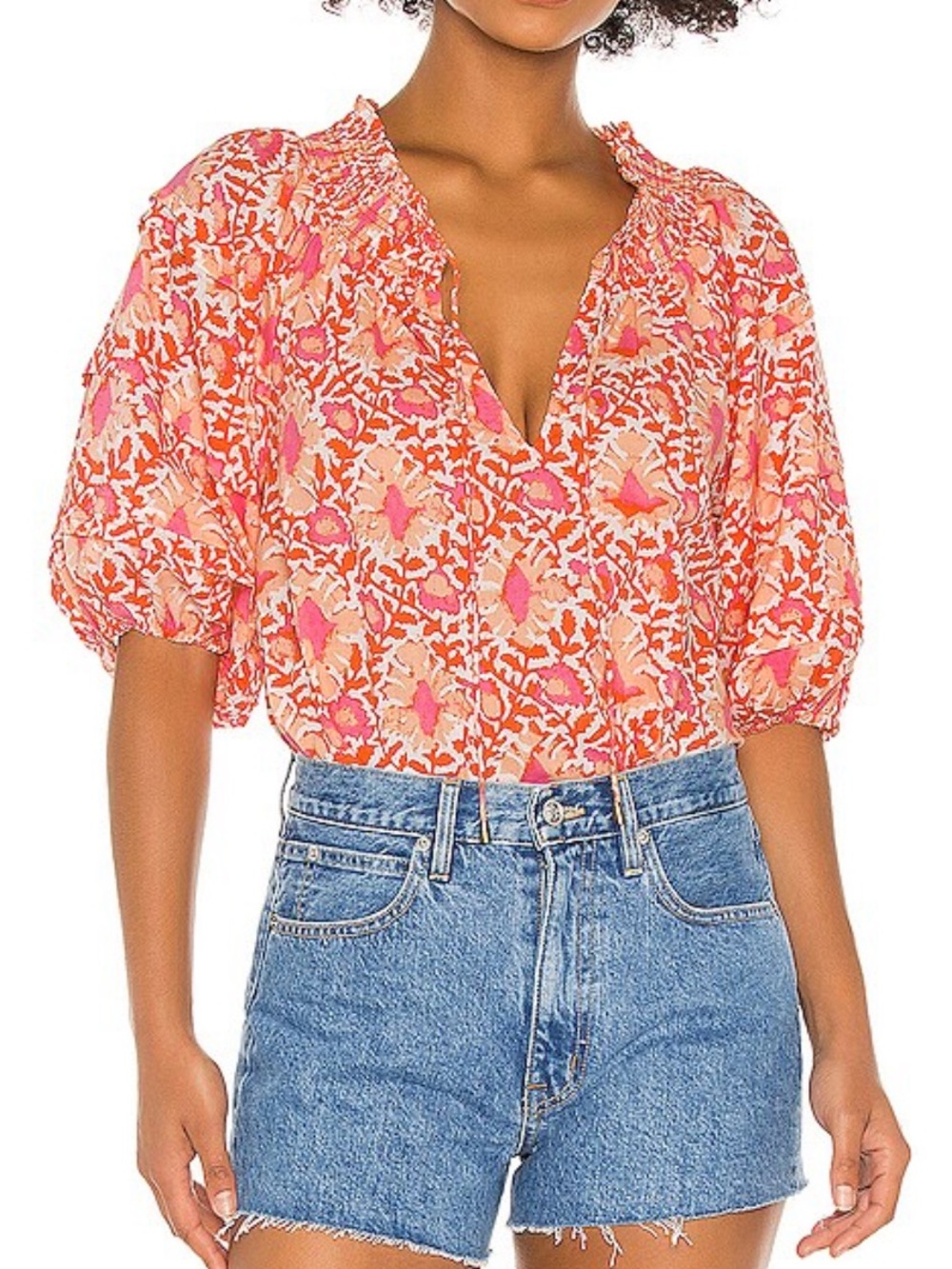 Free People Pink Cotton Floral V-Neck Puff Sleeve Blouse Coral Pink Size Small
